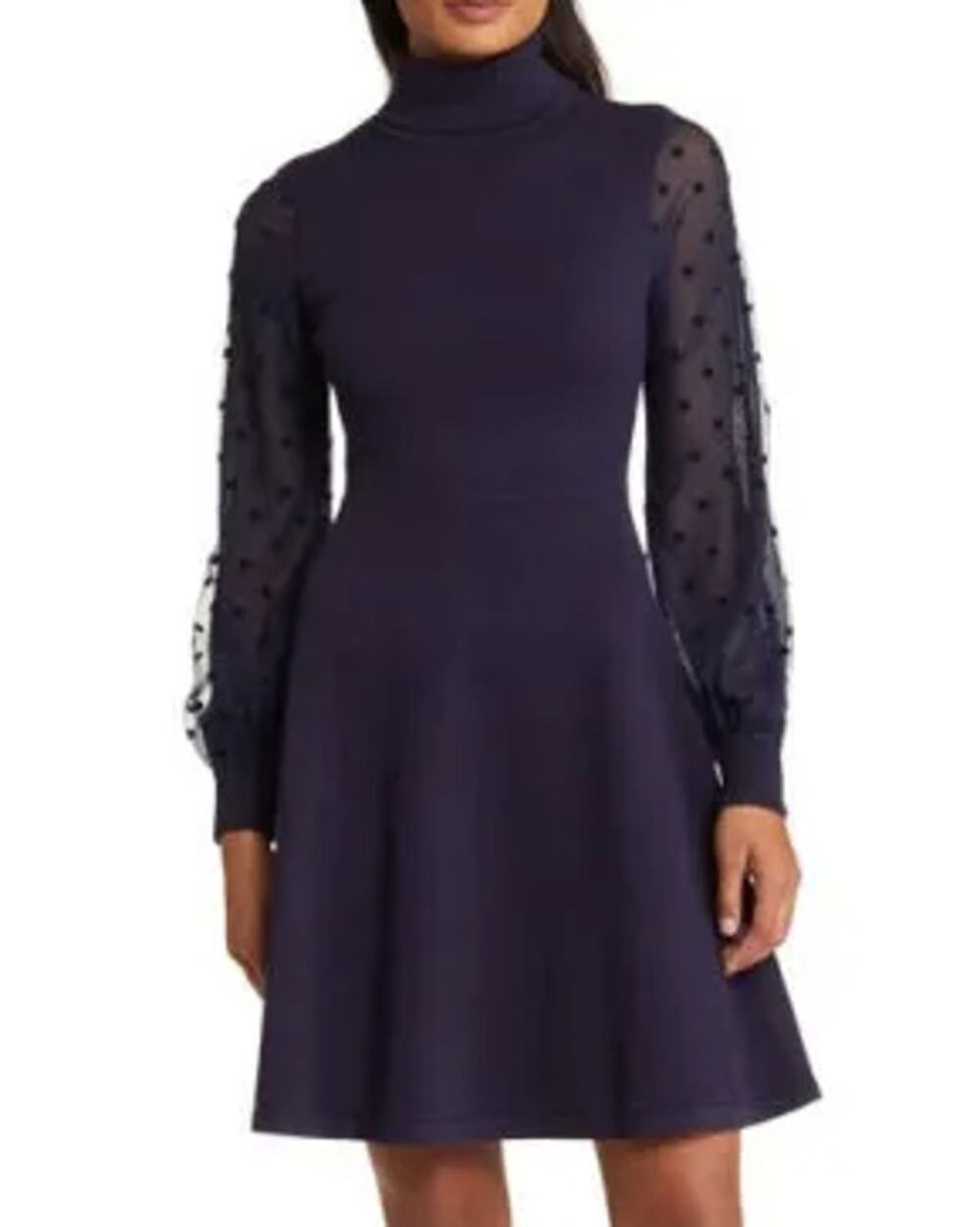 ⭐️ Eliza J Dress Fit Flare Polka Dot Knit Sweater Navy Blue Twee Retro Occasion